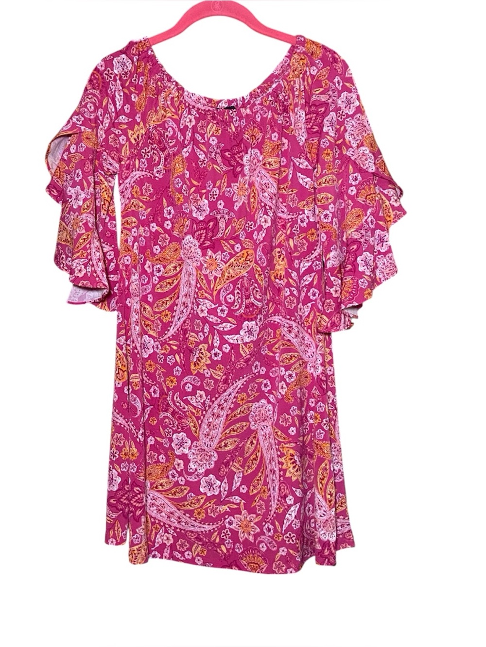 MSK Petite Small Paisley Bell Sleeve Mini Dress Retro Boho Red